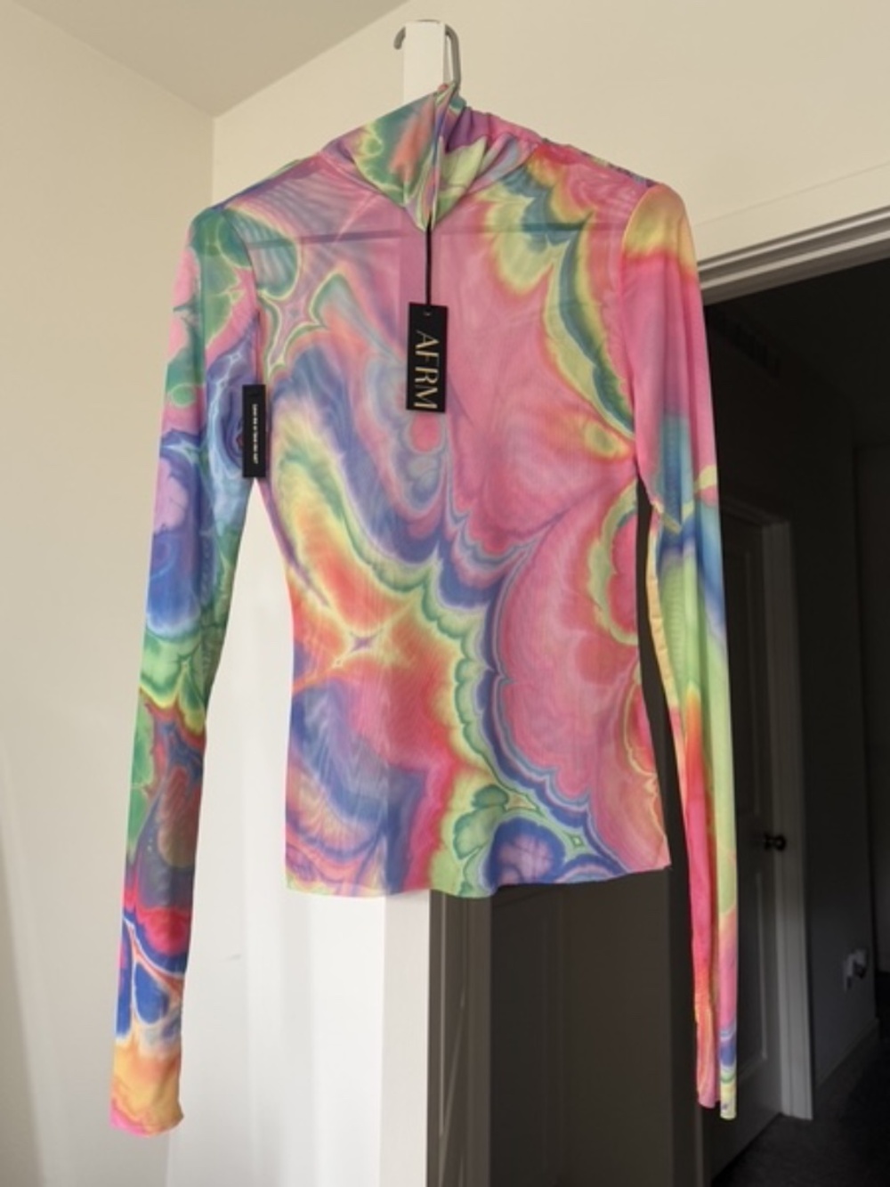 NWT AFRM Michaela Mesh Turtleneck Long Sleeve Top in Multi Marble - Size Small